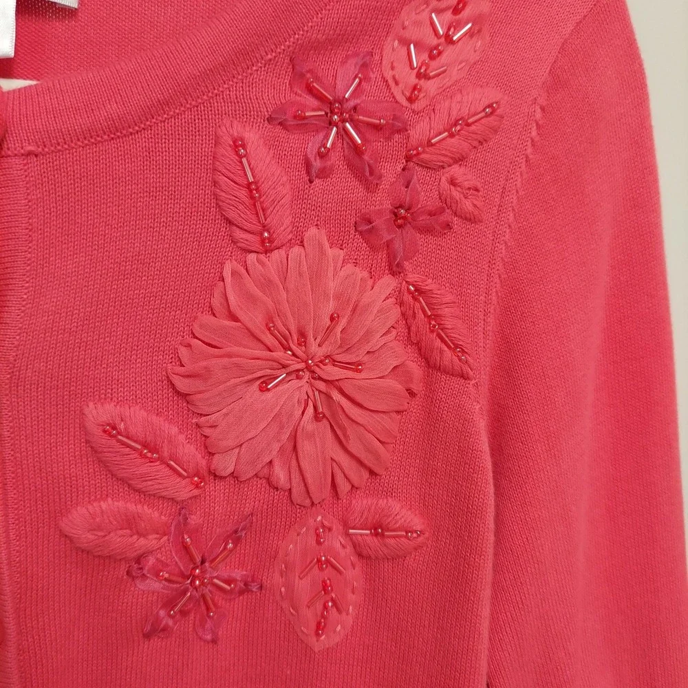 Christopher & Banks Womens Coral Pink Floral Beaded Cotton Cardigan Sweater S